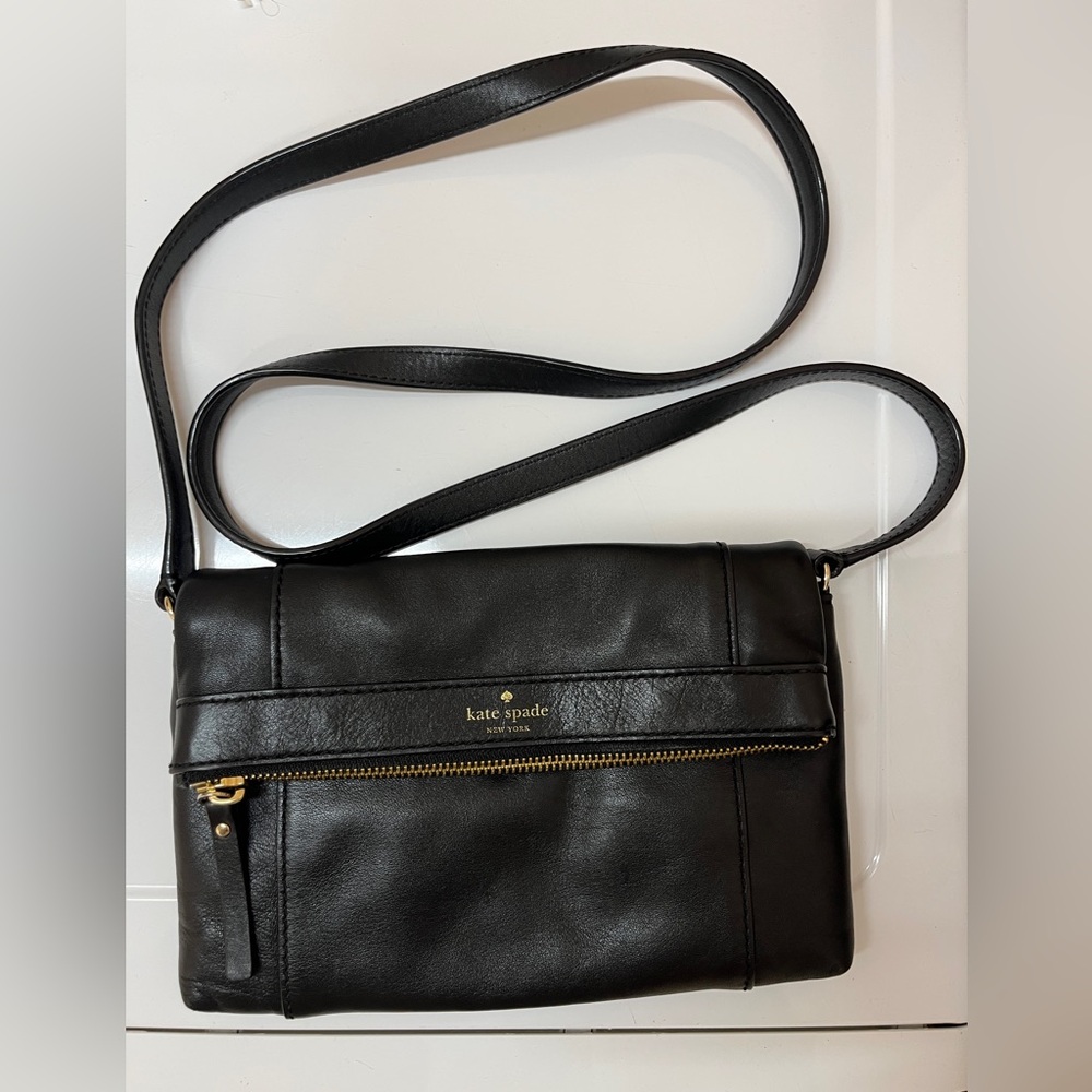 Kate Spade Black Leather Foldover Zip Purse Bag